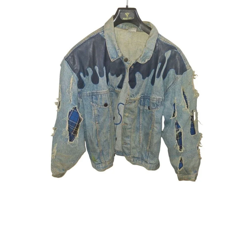Custom Vintage Denim Jacket Trucker Size L Sauce Blue Plaid Drip Rizz Ripped‎